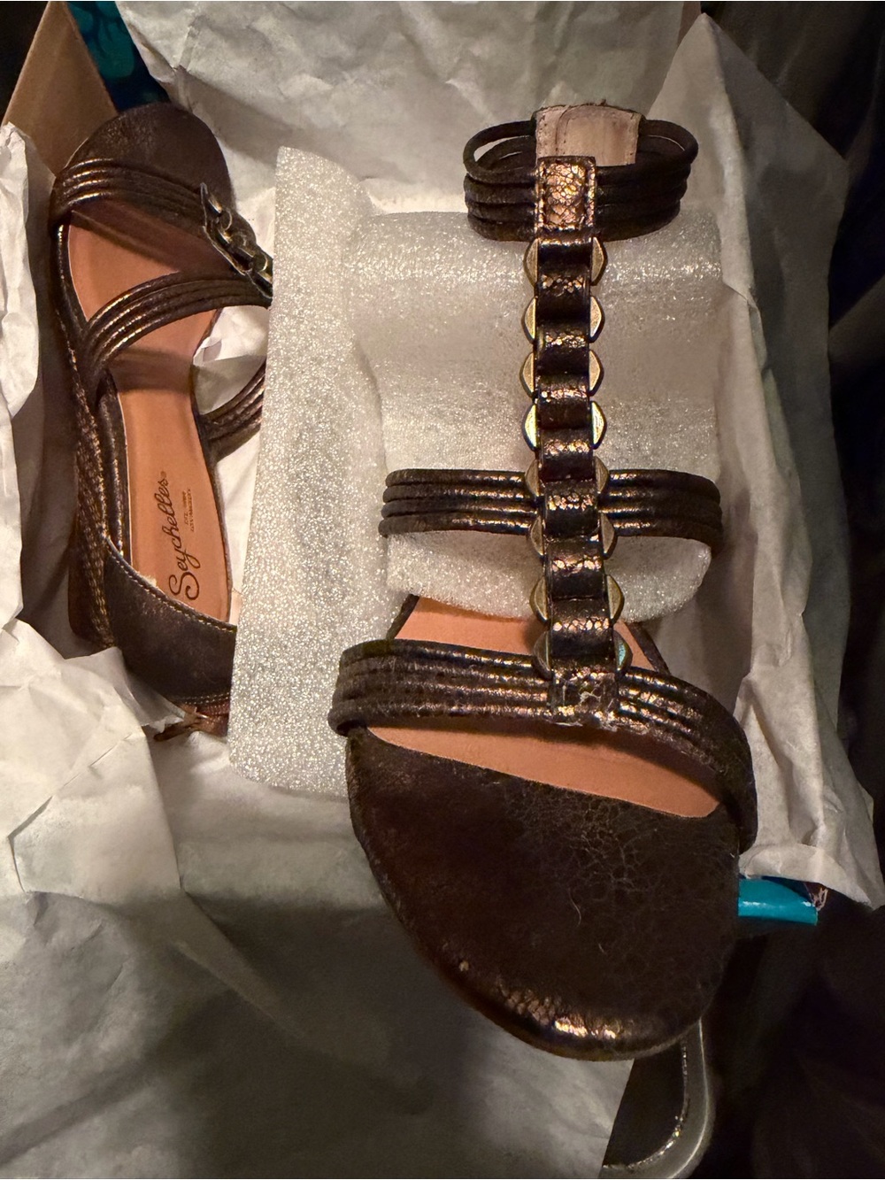 Seychelles Metallic Bronze T-Strap Sandals with Chain Accents
